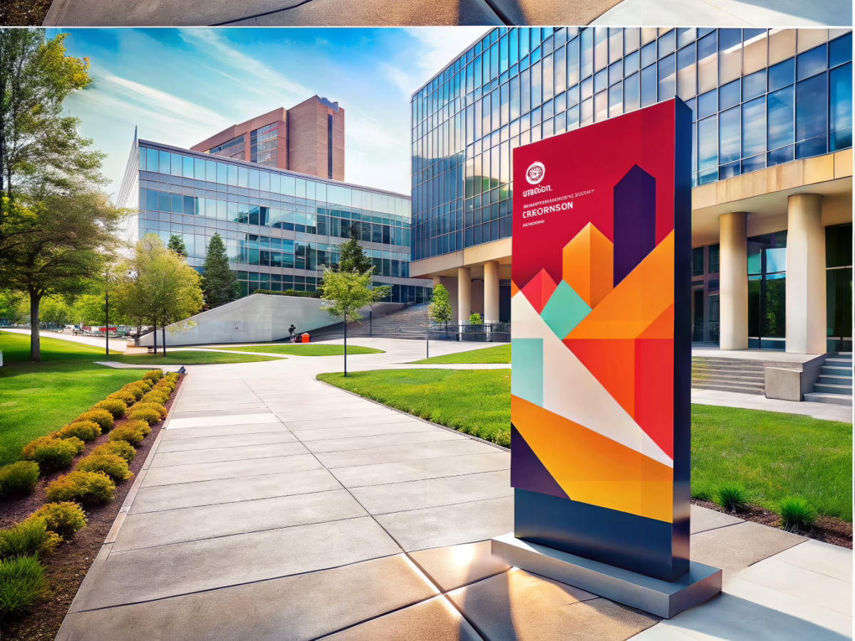 High-contrast printed signage on a modern university campus enhancing visibility and ADA compliance