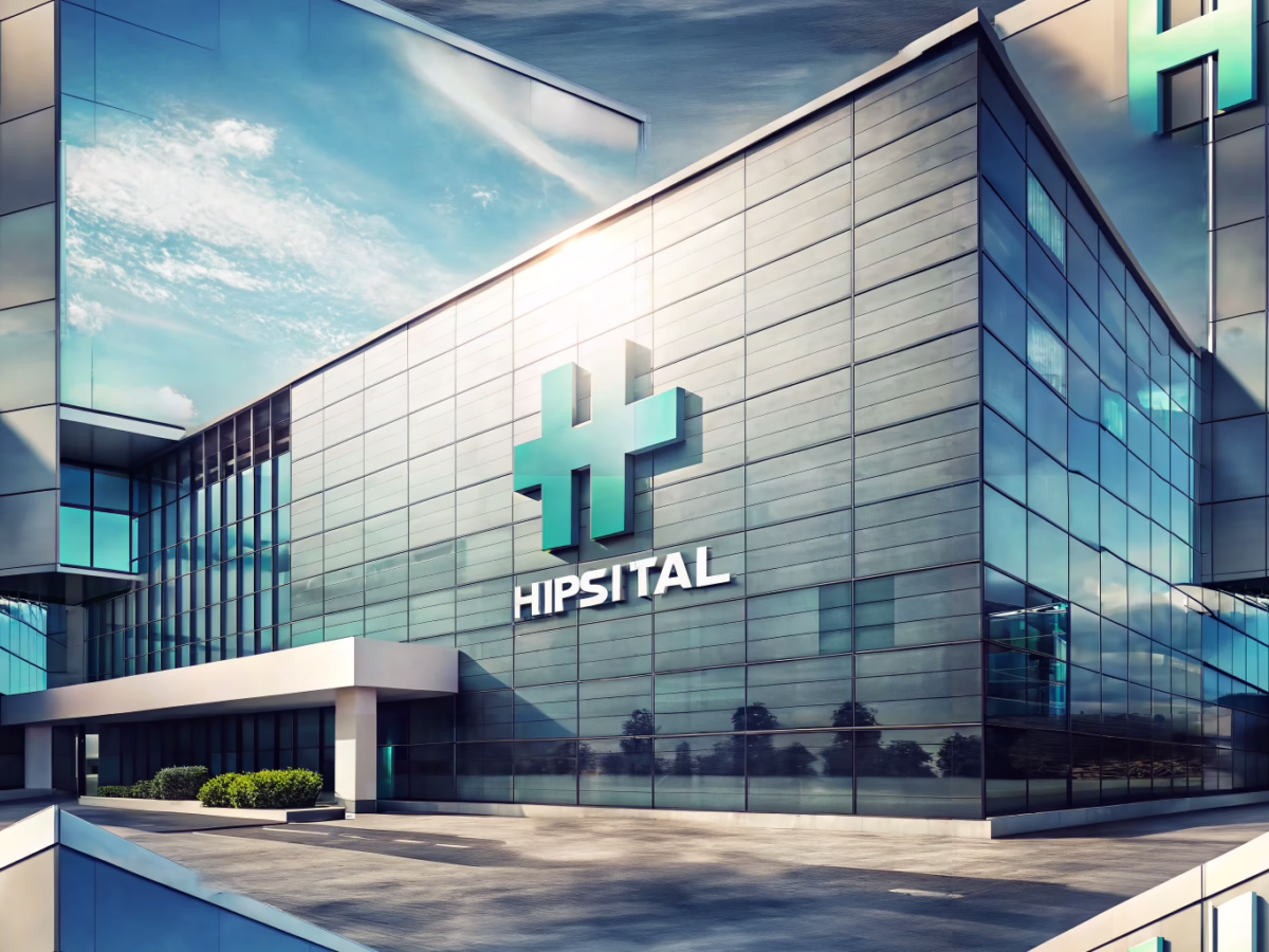 Modern hospital exterior featuring innovative signage that creatively utilizes negative space for a sleek, professional look.