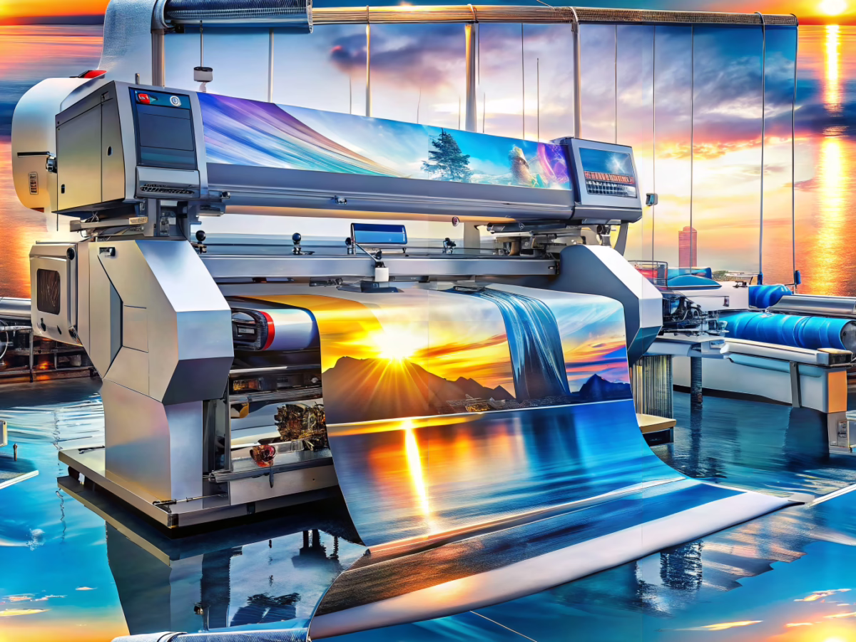 Advanced digital printing machine producing vibrant designs at a marina with luxurious yachts and boat clubs in the background