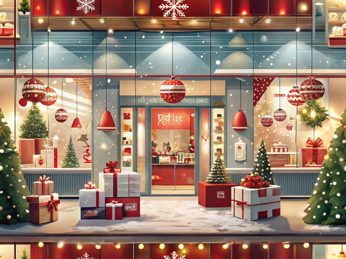 Festive holiday shopping scene with promotional sale signs and secure design elements creating an atmosphere of trust and celebration