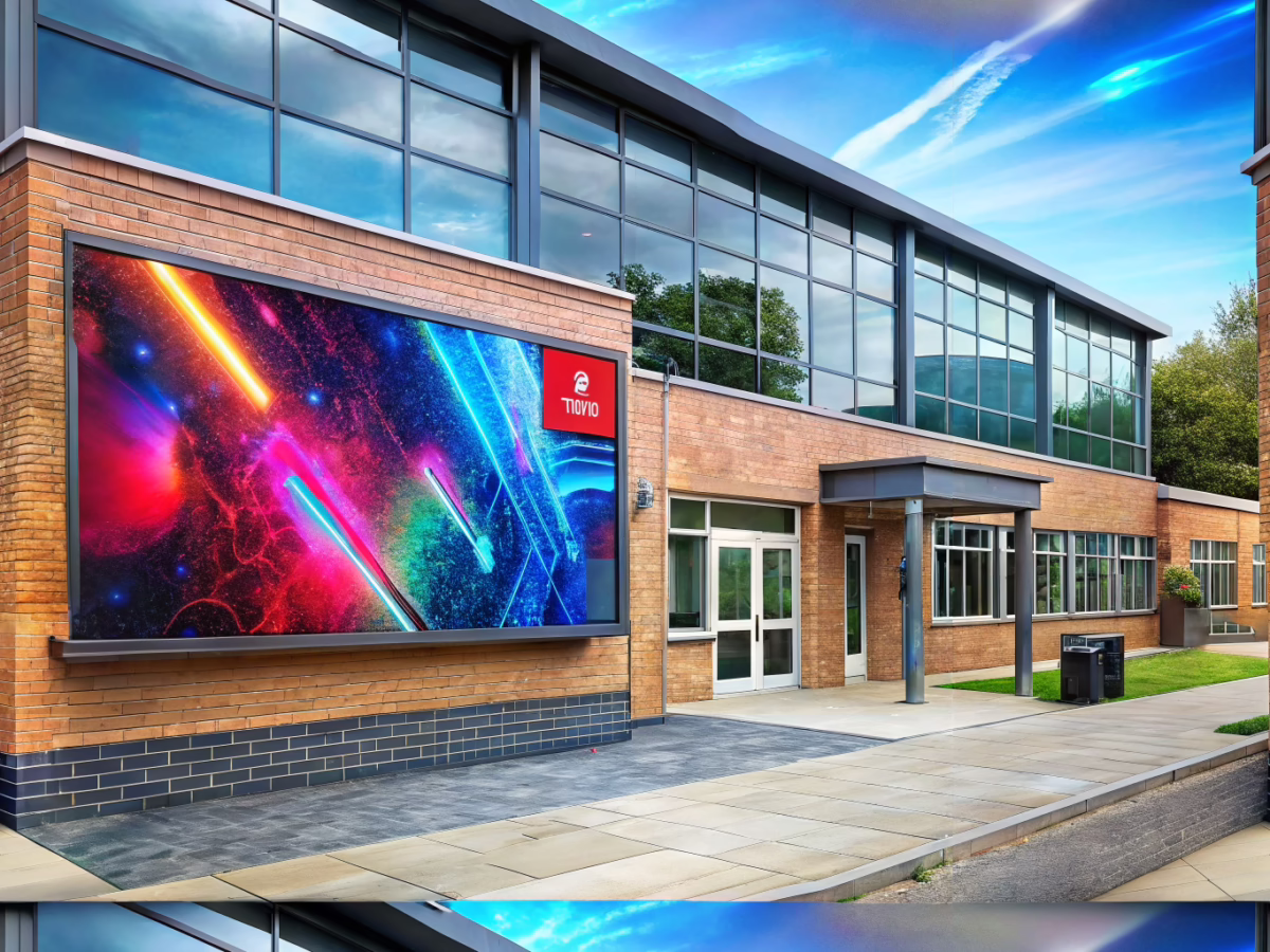 Contrast between digital LED sign and traditional hand-painted signage in a school setting