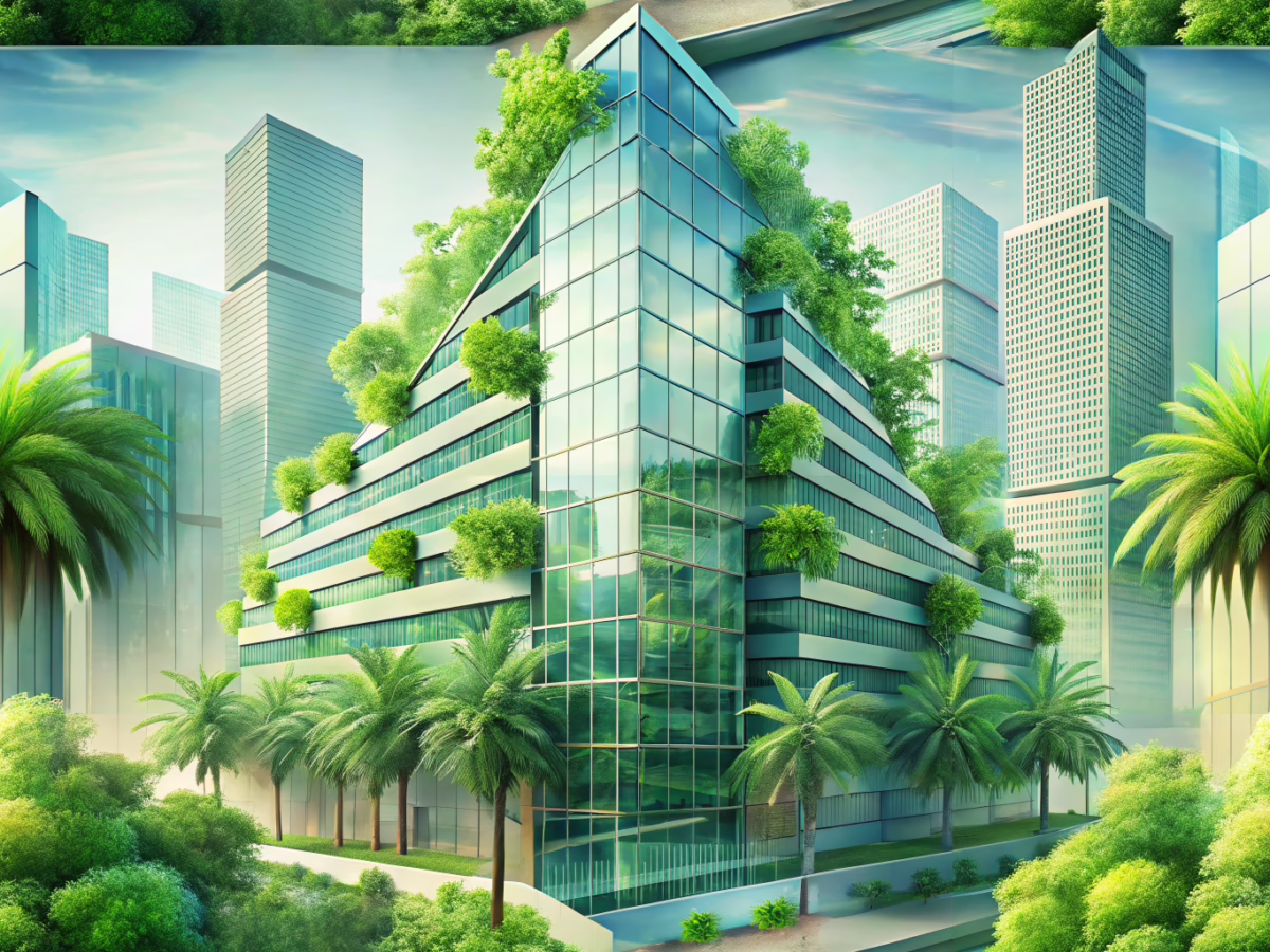 Modern commercial building with eco-friendly design elements reflecting sustainable printing in real estate