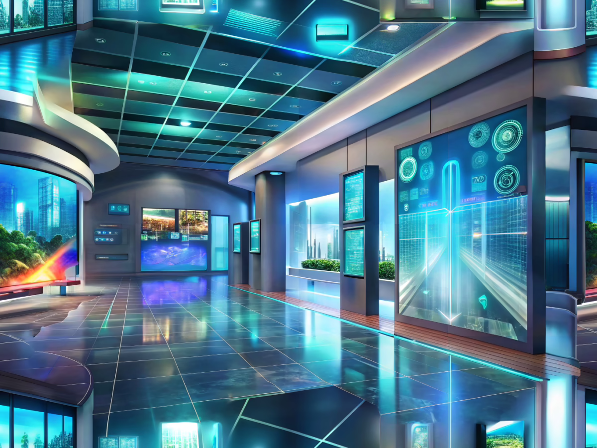 Modern hotel lobby featuring interactive digital displays and data-driven insights in a futuristic hospitality setting.