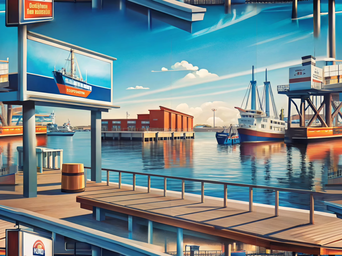 Maritime harbor scene showcasing a durable, long-lasting business sign on a dock with calm blue waters and clear sky