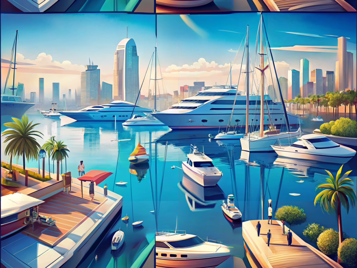Luxurious marina scene with sleek yachts and sailboats near a vibrant boat and yacht club, representing captivating print materials for success.