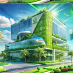 Modern commercial real estate featuring eco-friendly signage and green advertising promoting carbon neutral practices