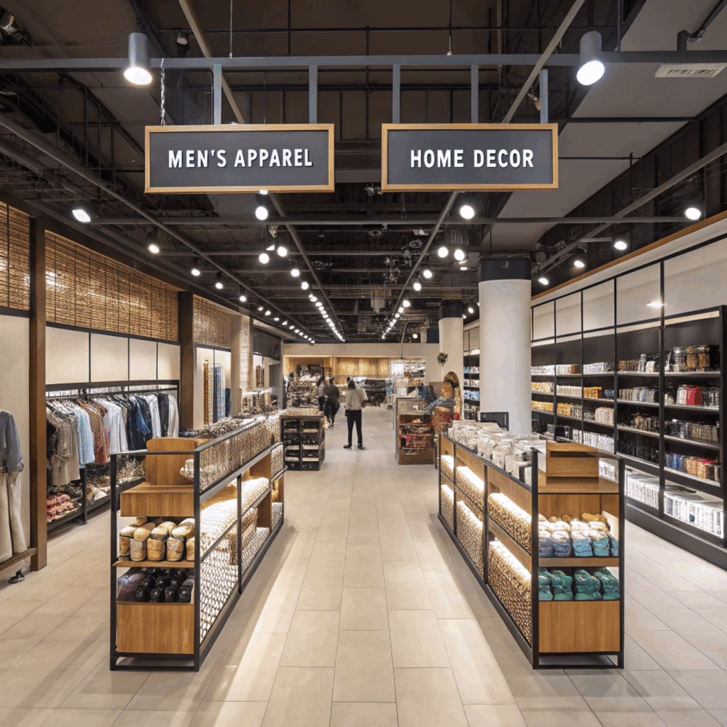 A mall-style area featuring men's apparel displays alongside stylish home decor, blending fashion and interior design in one space.