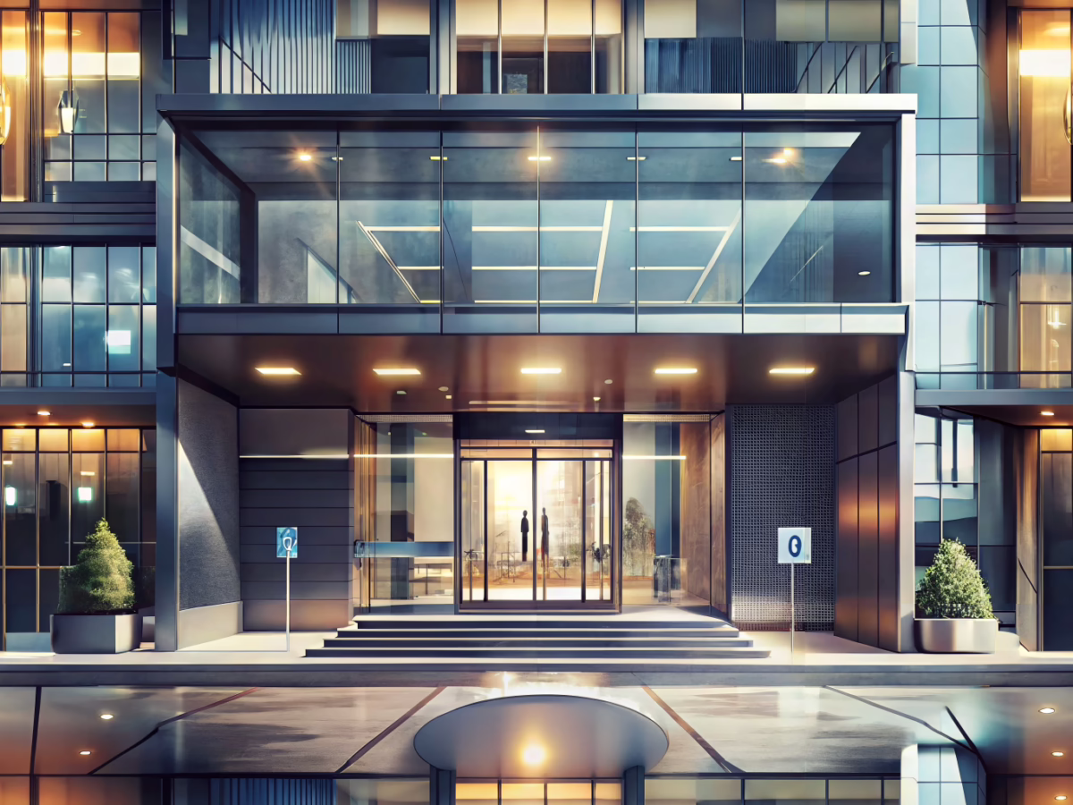 Modern commercial building lobby featuring ADA-compliant signage with accessible design elements.