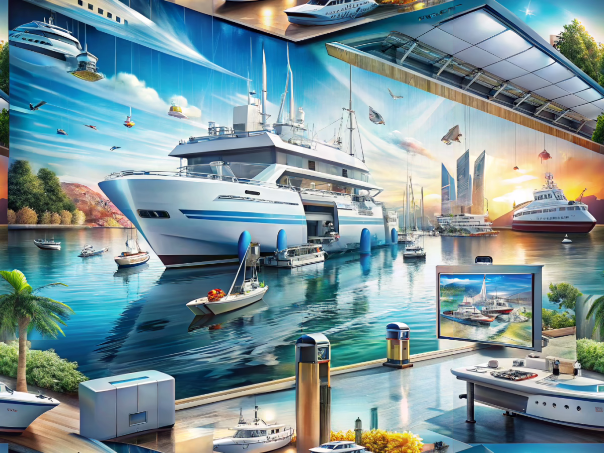 Marina scene with boats and yachts and an advanced large format printing machine enhanced with futuristic AI elements