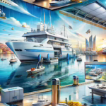 Marina scene with boats and yachts and an advanced large format printing machine enhanced with futuristic AI elements