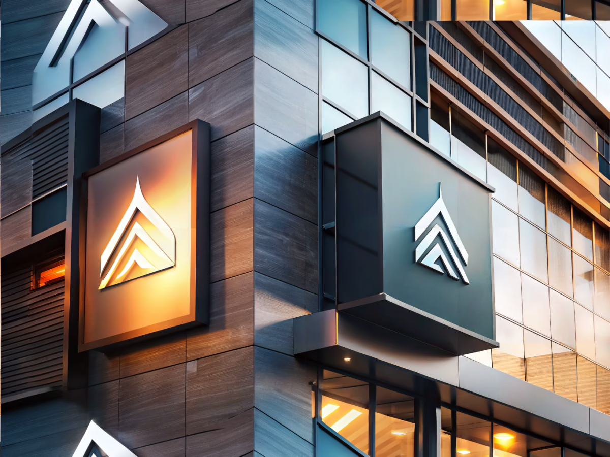 Modern building facade showcasing premium glossy signage and standard matte signage side by side, highlighting quality and cost differences.