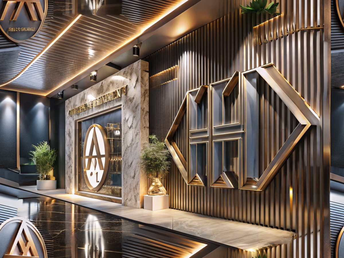 Luxurious indoor and outdoor signage display featuring premium materials like metal, glass, and wood in a sophisticated setting for Jet Clubs