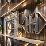Luxurious indoor and outdoor signage display featuring premium materials like metal, glass, and wood in a sophisticated setting for Jet Clubs