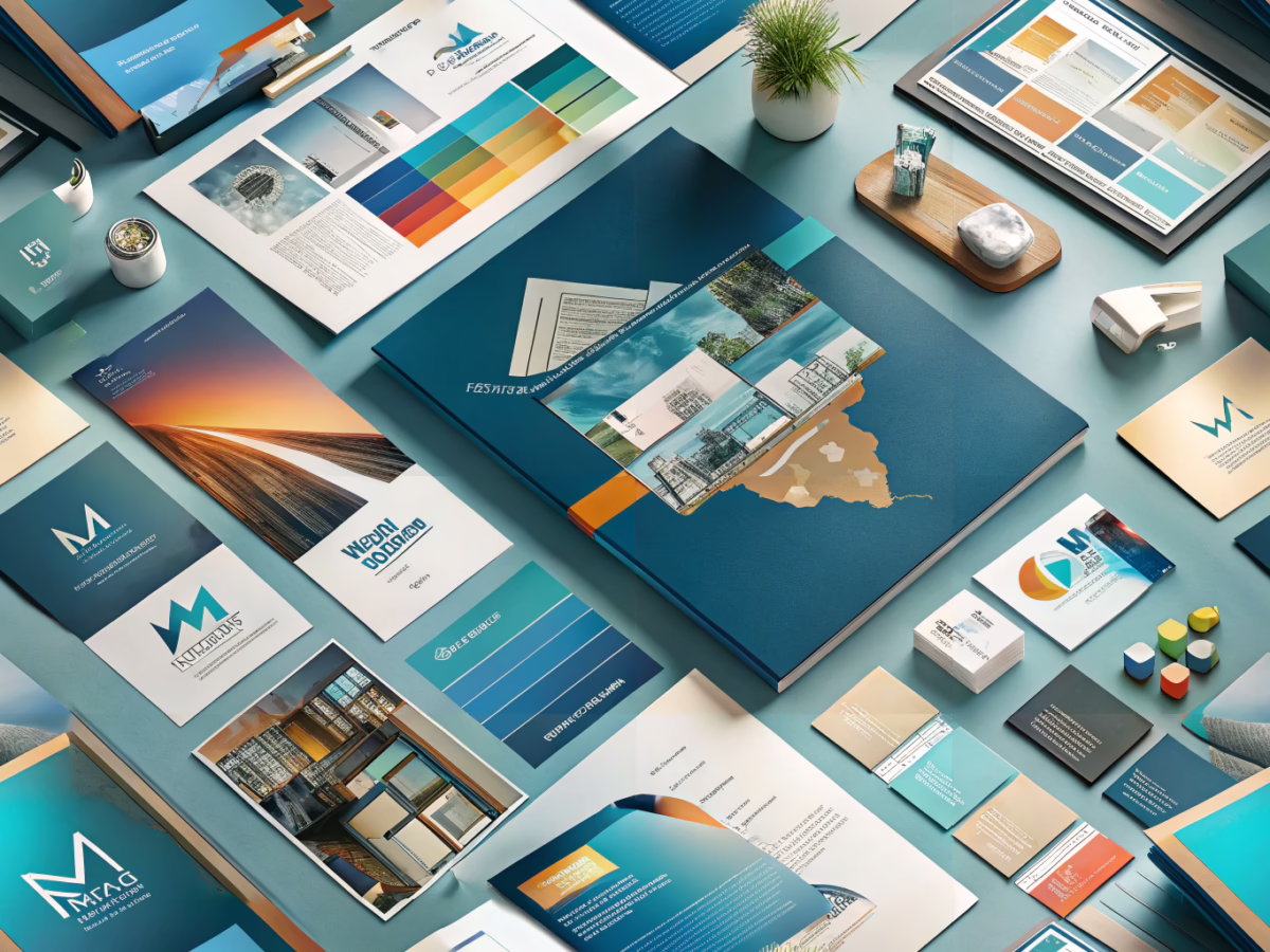 Realistic workspace featuring printed materials, design tools, and a computer displaying design software, symbolizing effective print design and conversion for Michigan businesses.