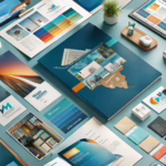 Realistic workspace featuring printed materials, design tools, and a computer displaying design software, symbolizing effective print design and conversion for Michigan businesses.
