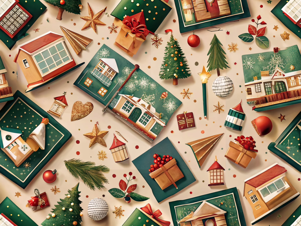 Creative custom holiday cards designed for schools featuring festive elements and subtle academic symbols for school branding