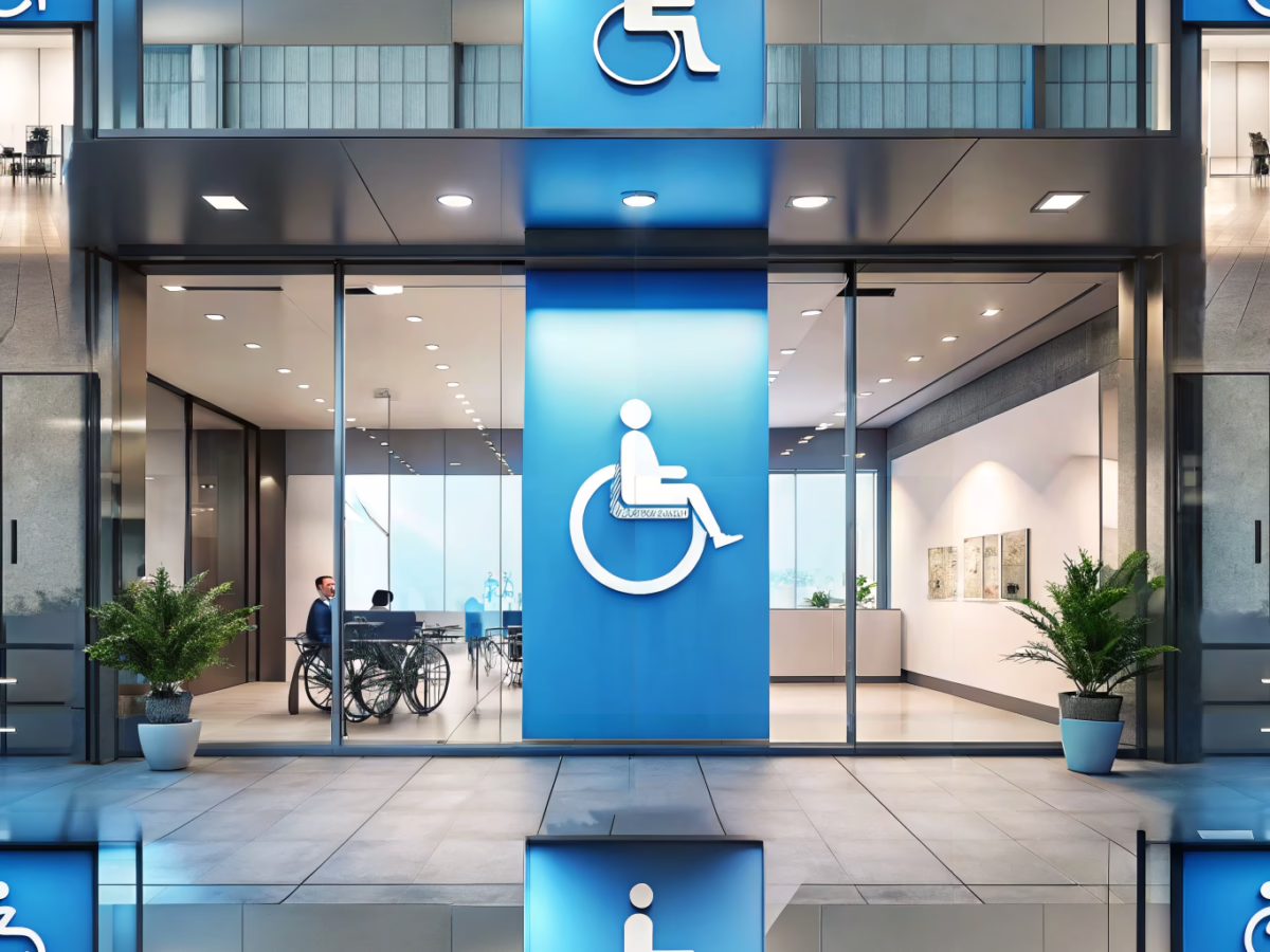 Modern business entrance with accessible design and clear ADA signage, emphasizing inclusivity and compliance with accessibility standards.