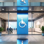 Modern business entrance with accessible design and clear ADA signage, emphasizing inclusivity and compliance with accessibility standards.