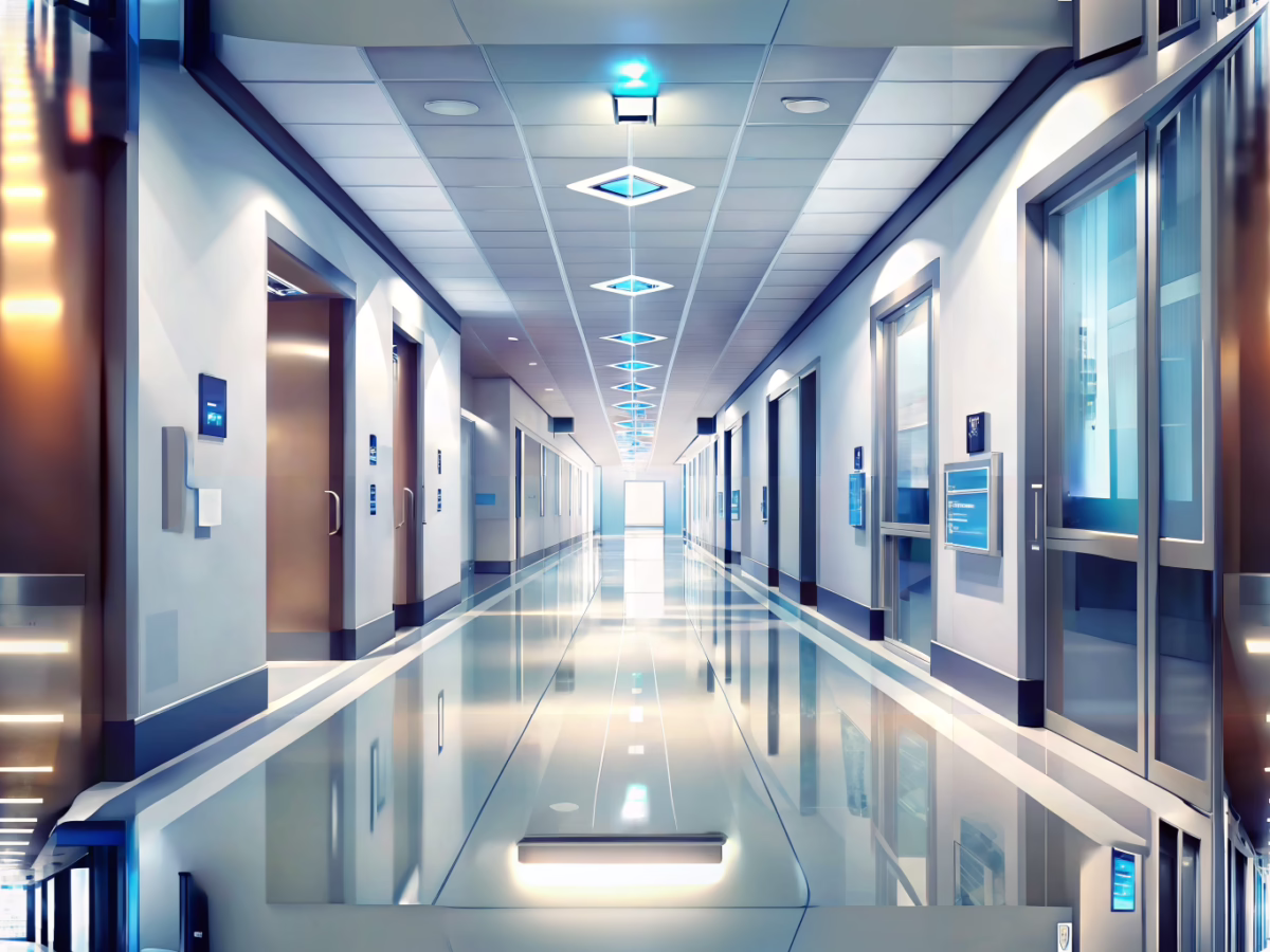 Modern hospital corridor featuring clear wayfinding signage and directional indicators for effective navigation