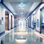 Modern hospital corridor featuring clear wayfinding signage and directional indicators for effective navigation