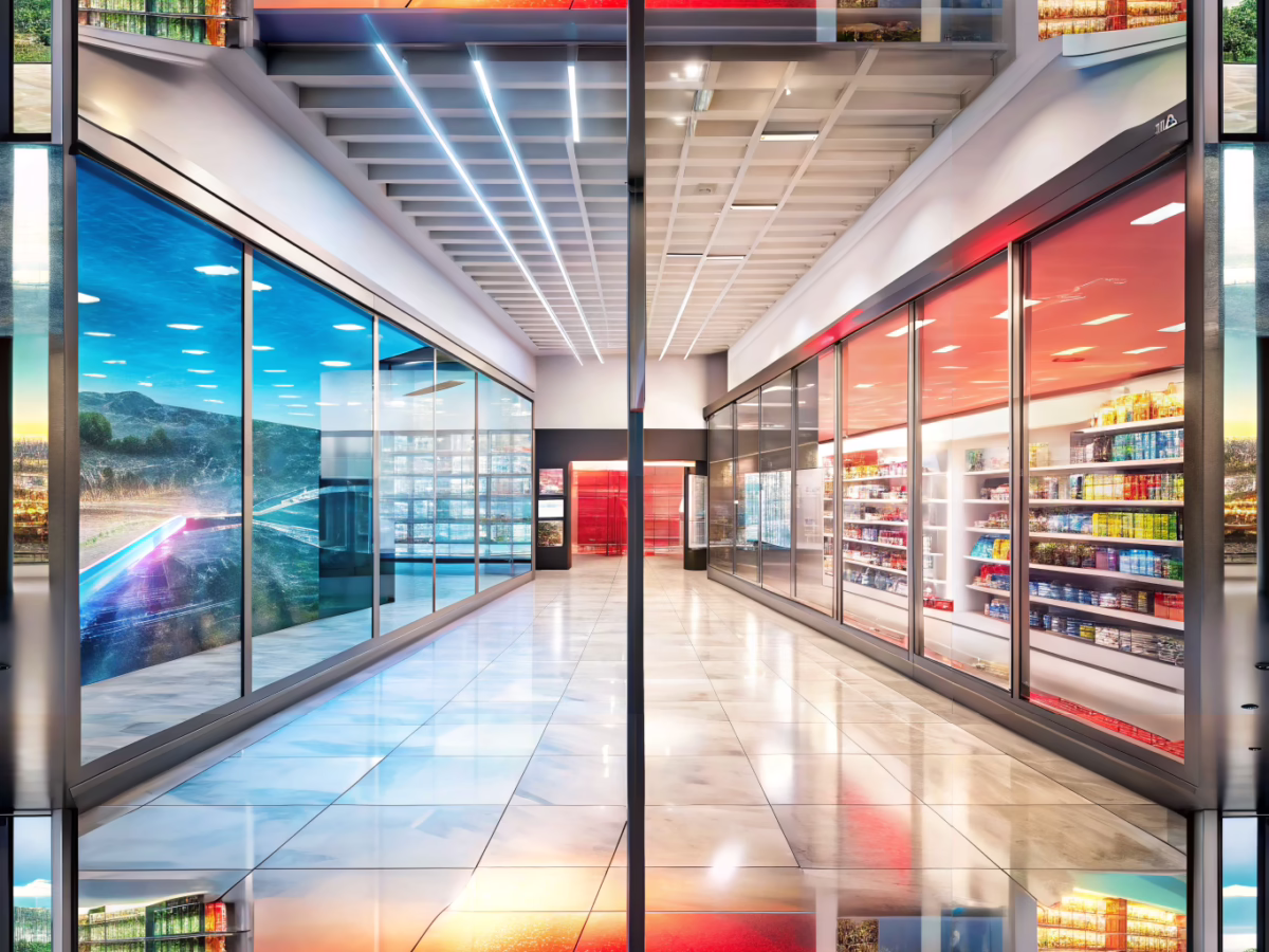 Retail environment showing modern digital signage with dynamic content contrasted with a traditional storefront sign, highlighting digital signage cost and digital signage benefits