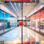 Retail environment showing modern digital signage with dynamic content contrasted with a traditional storefront sign, highlighting digital signage cost and digital signage benefits