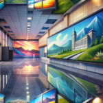 Modern university corridor featuring a sleek digital signage display with colorful graphics in a contemporary academic setting