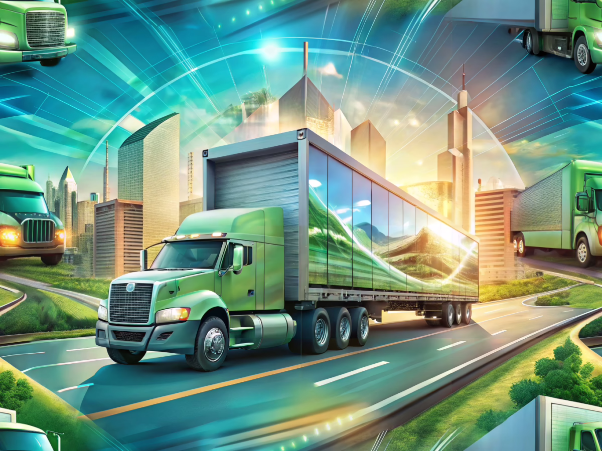 Modern truck with integrated digital signage and sustainable design, representing emerging trends in the trucking signage industry.