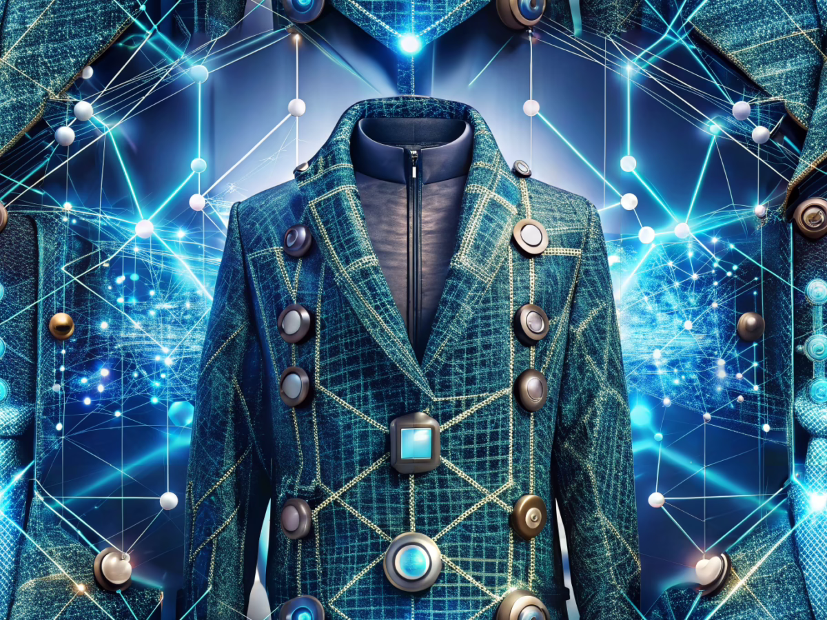 Futuristic fashion items combined with digital blockchain elements representing smart contracts in the fashion industry.