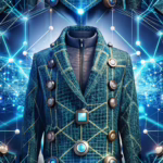 Futuristic fashion items combined with digital blockchain elements representing smart contracts in the fashion industry.