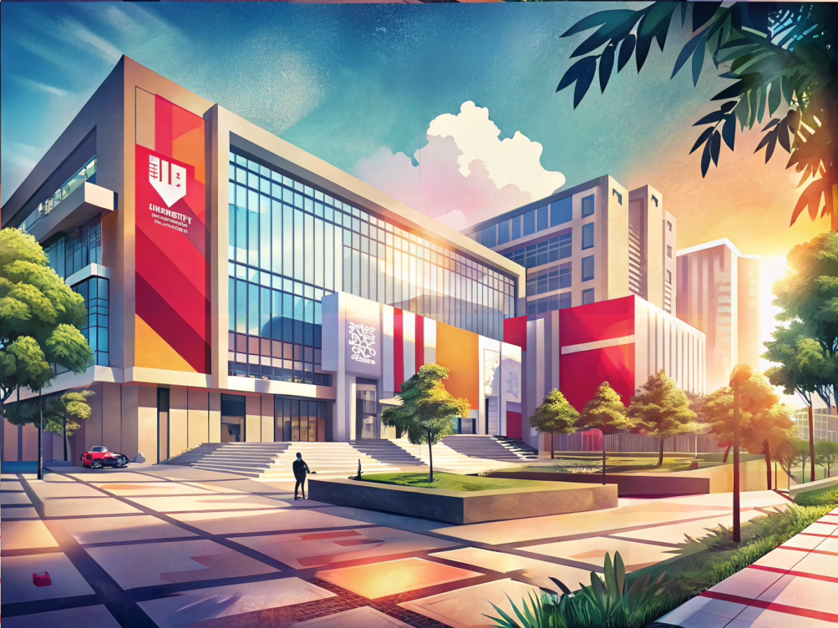 Modern university campus with high visibility signage showcasing bold contrast between illuminated signs and contemporary architecture