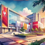 Modern university campus with high visibility signage showcasing bold contrast between illuminated signs and contemporary architecture