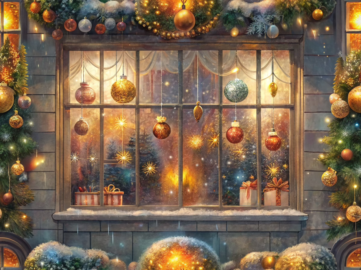 Festive holiday window art featuring elegant winter decorations, Christmas ornaments, and a magical display perfect for holiday window painting.