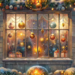 Festive holiday window art featuring elegant winter decorations, Christmas ornaments, and a magical display perfect for holiday window painting.