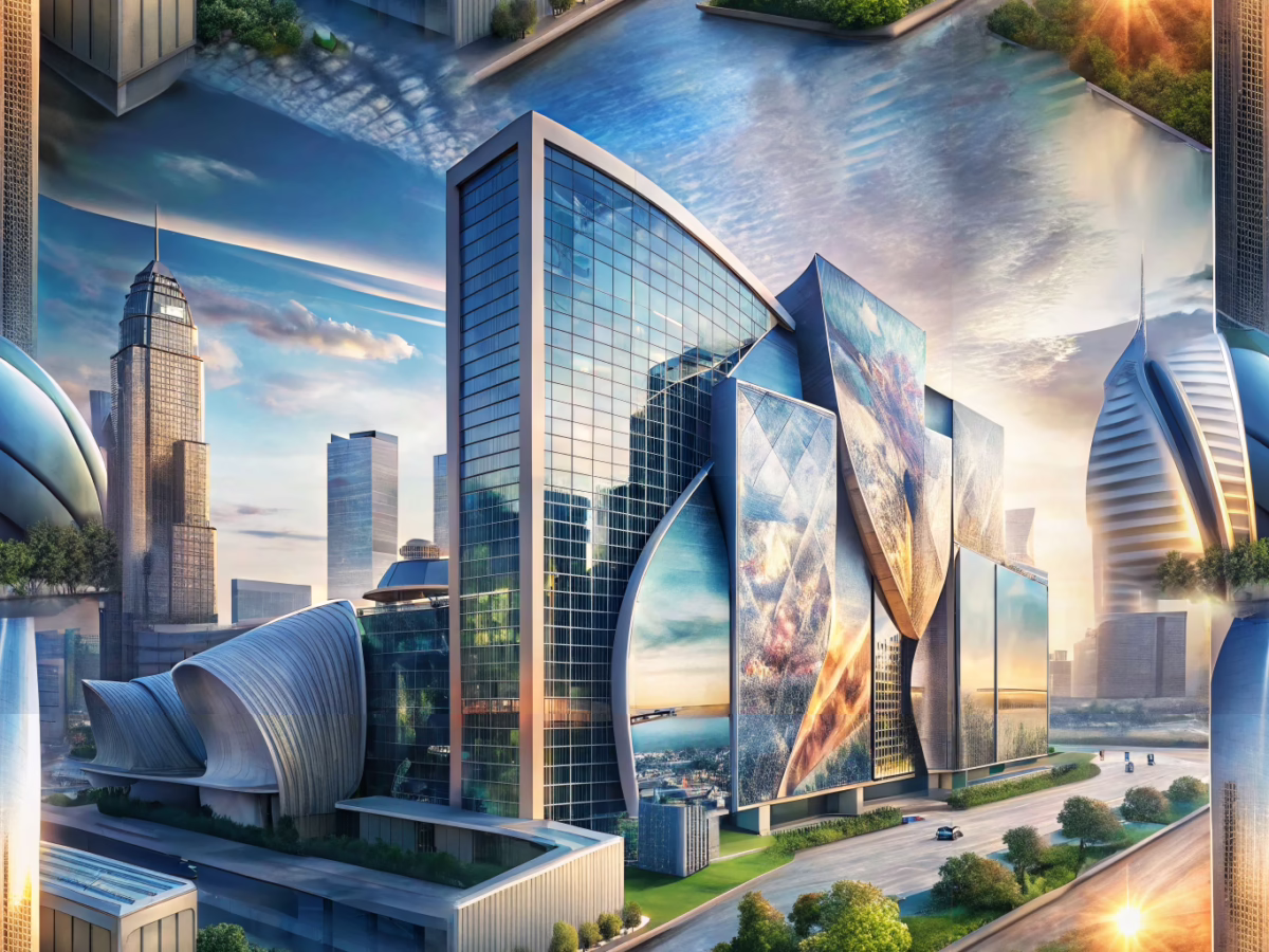 Modern architectural design featuring large format printing techniques integrated with sleek building facades and blueprints