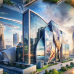 Modern architectural design featuring large format printing techniques integrated with sleek building facades and blueprints