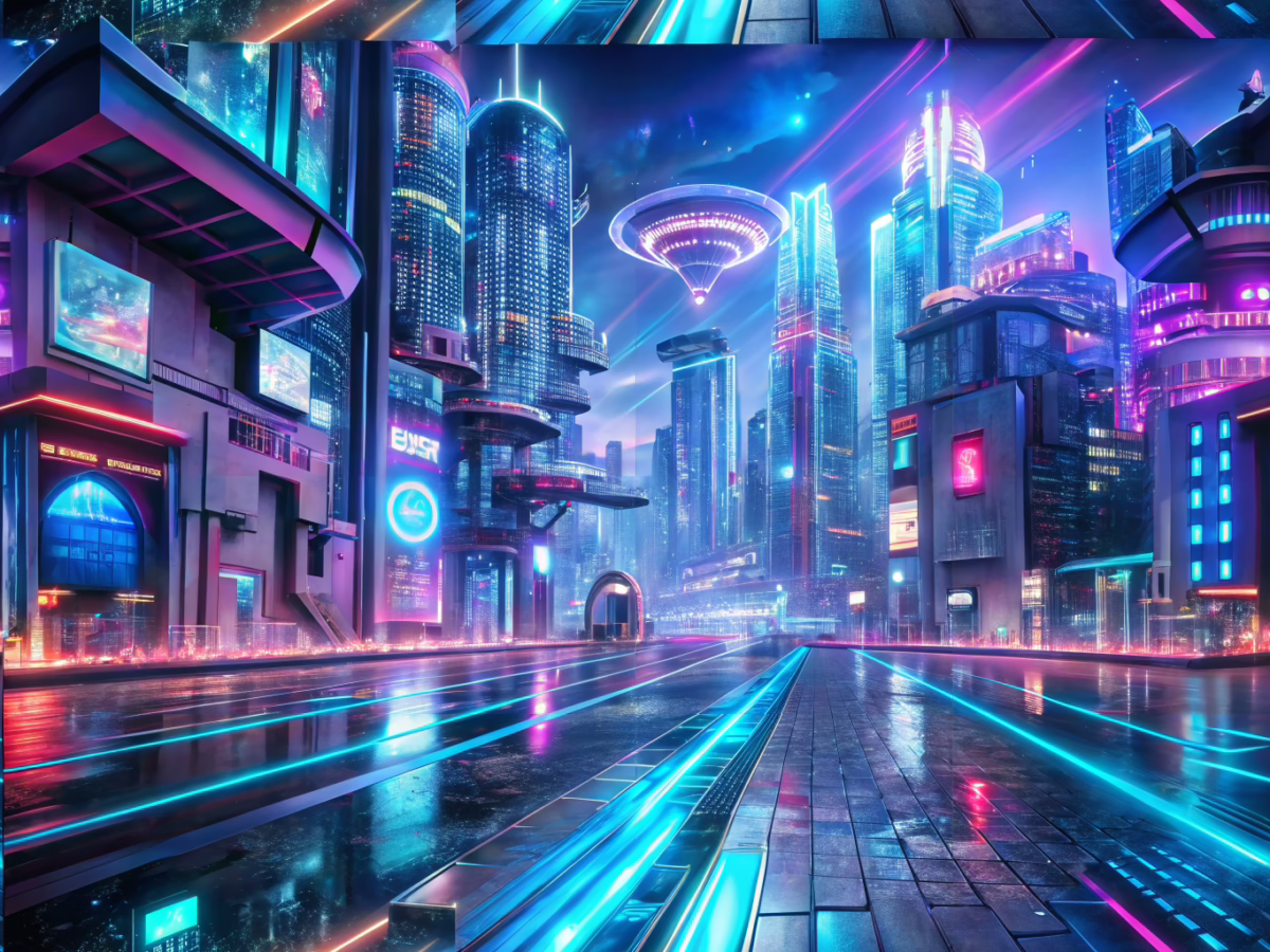 Futuristic scene depicting the metaverse transforming the print and sign industry with digital holograms and innovative technology