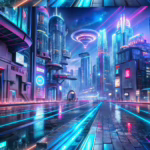Futuristic scene depicting the metaverse transforming the print and sign industry with digital holograms and innovative technology