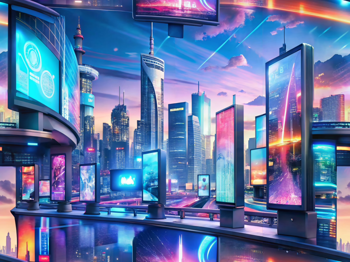 Modern urban scene with digital signage, eco-friendly illuminated signs, and contemporary sign installations representing emerging trends in the signage industry