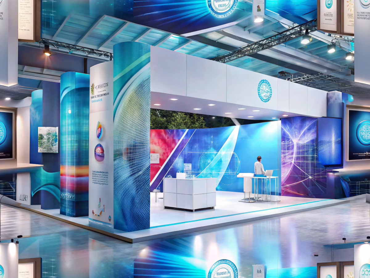 Modern hospital trade show booth featuring large format printed banners and innovative displays in a healthcare setting