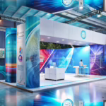 Modern hospital trade show booth featuring large format printed banners and innovative displays in a healthcare setting