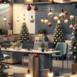 Realistic image of a modern office with festive decor showcasing custom holiday cards enhancing corporate branding