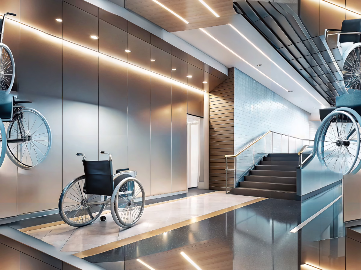 Interior of a modern public building showing ADA-compliant design with a wheelchair ramp, clean surfaces, and accessible signage elements