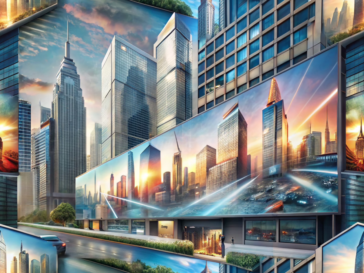 Realistic urban scene showcasing augmented reality overlays on commercial real estate signage and print media
