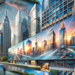 Realistic urban scene showcasing augmented reality overlays on commercial real estate signage and print media