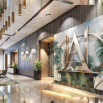 luxurious hotel lobby showcasing refined business signage design with elegant font aesthetics