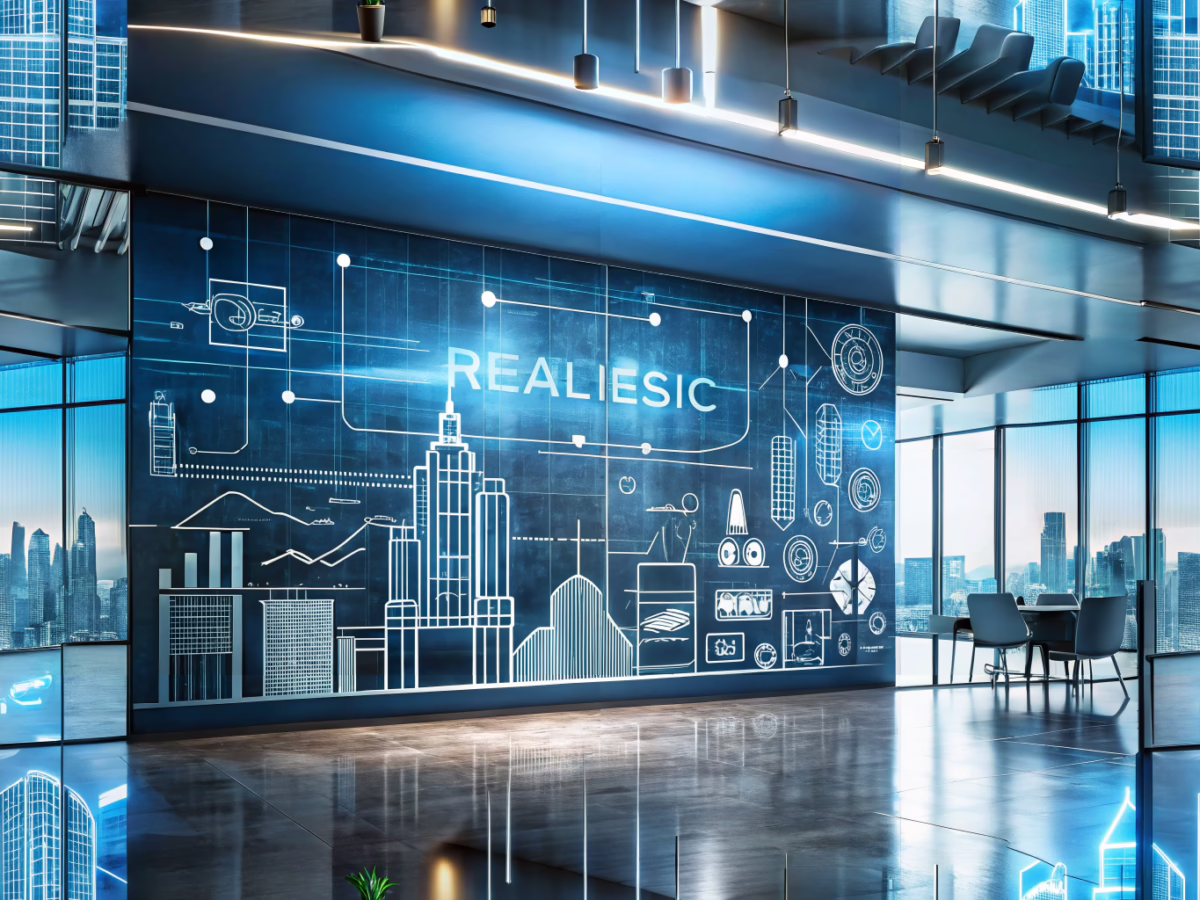 Modern business signage design featuring architectural blueprints, drafting elements, and a sleek business sign on an urban building facade to symbolize strategic ROI maximization