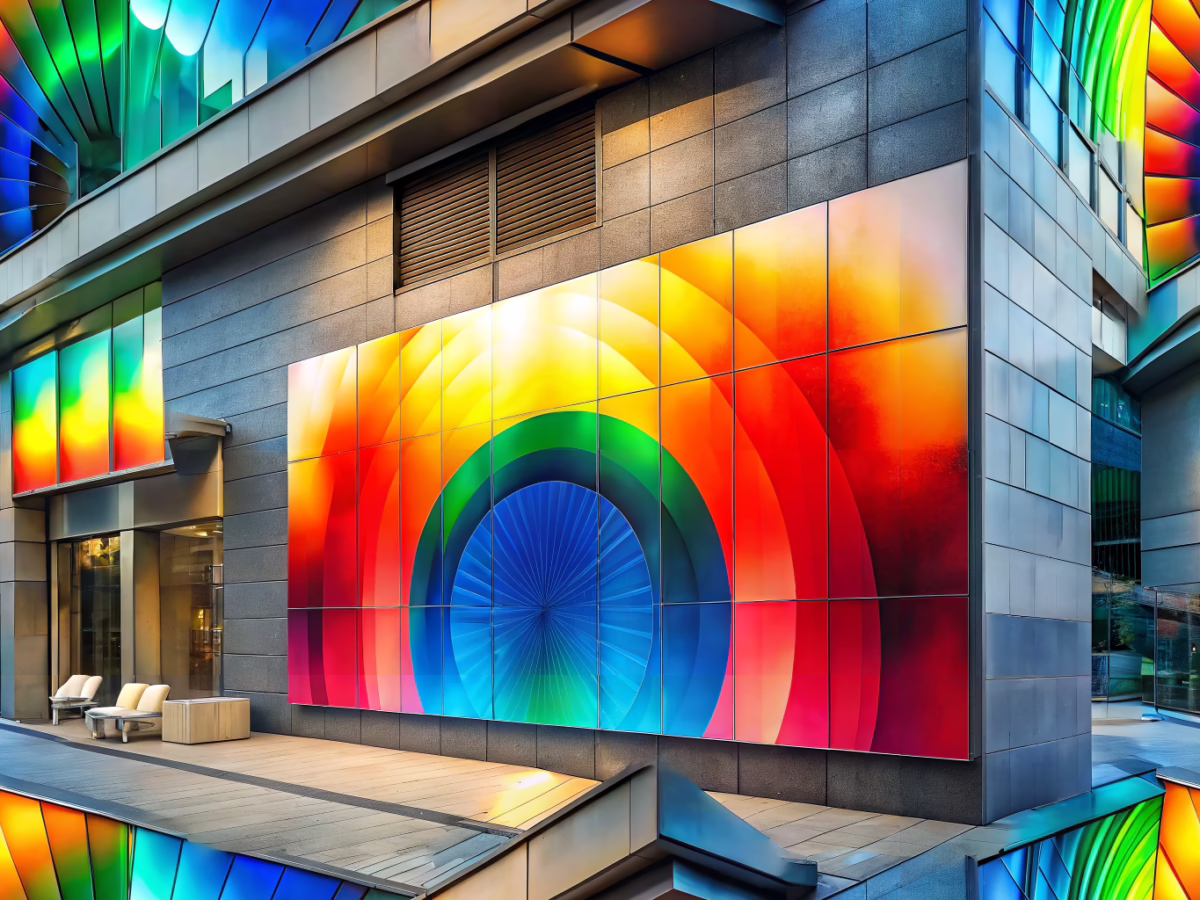 Realistic business sign with vibrant red, blue, green, and yellow colors combined with abstract data patterns representing color psychology and customer behavior insights.
