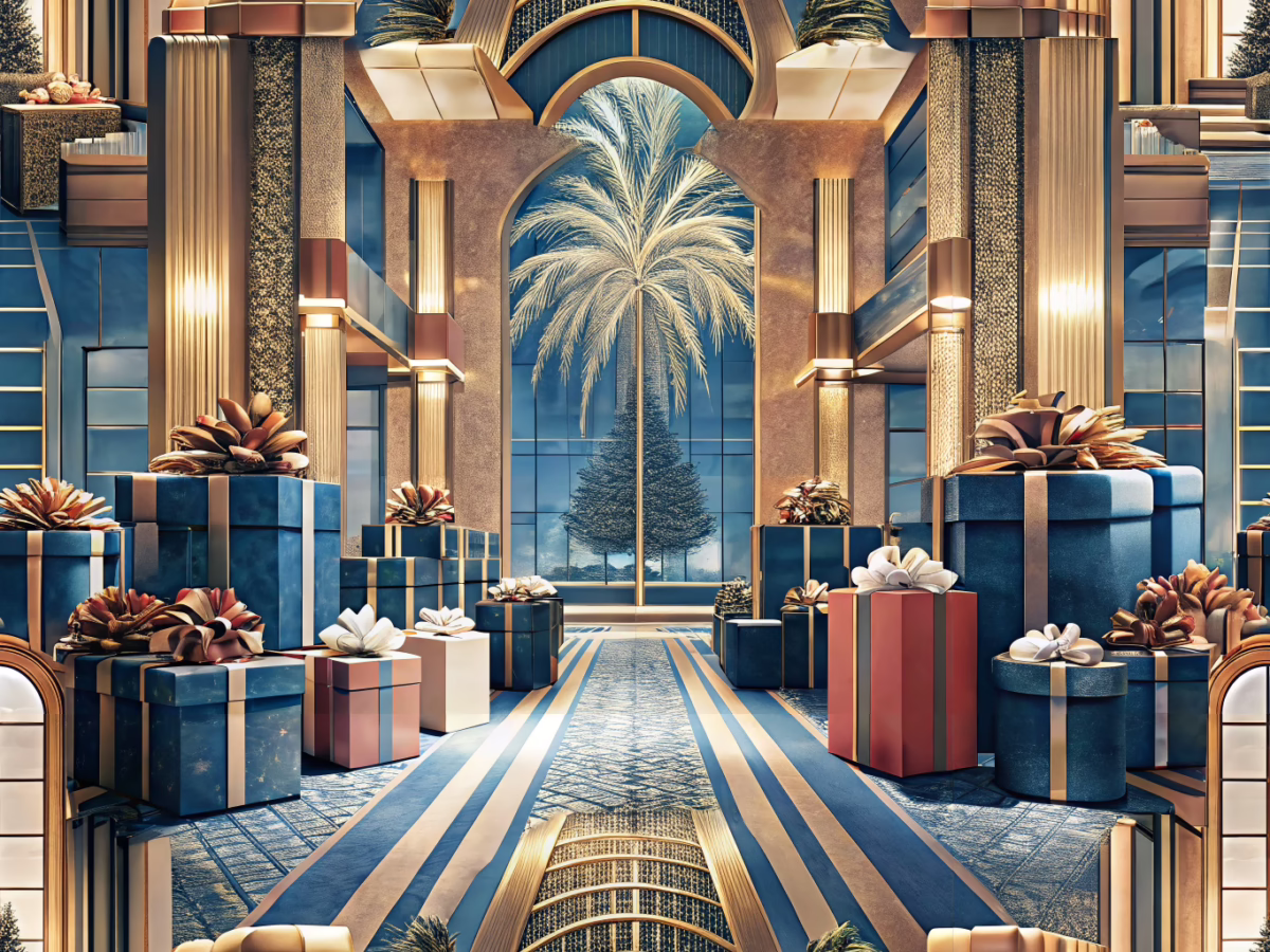 Luxurious hotel lobby with elegant custom gift packaging enhancing brand perception.