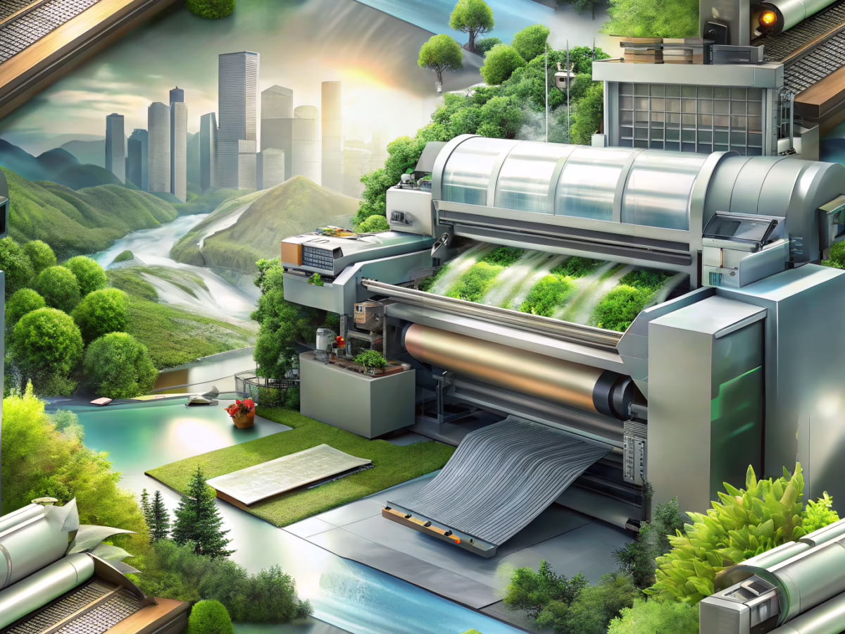 Modern eco-friendly printing scene with advanced machines, natural greenery, and sustainable materials